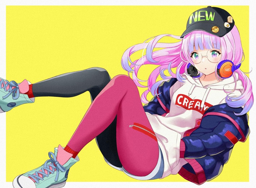 :o asymmetrical_legwear bad_id bad_pixiv_id badge baseball_cap belldot black_hat black_legwear blue_jacket blue_shorts border clothes_writing commentary_request drawstring female glasses gradient_hair hands_in_pockets hat headphones headphones_around_neck hood hood_down hoodie jacket legs_up long_hair long_sleeves looking_at_viewer mismatched_legwear multicolored_hair off_shoulder open_clothes open_jacket original pantyhose parted_lips pink_hair pink_legwear puffy_sleeves purple_eyes purple_hair rimless_eyewear round_eyewear shoes short_shorts shorts sneakers solo white_border white_hoodie yellow_background