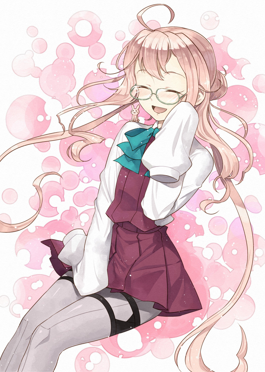 1other absurdres ahoge bad_id bad_twitter_id bow bowtie closed_eyes female glasses grey_pantyhose hair_bun halterneck highres invisible_chair kanmiya_shinobu kantai_collection long_sleeves makigumo_(kancolle) open_mouth pantyhose pink_hair rabbit_on_shoulder school_uniform shirt single_hair_bun sitting sleeves_past_fingers sleeves_past_wrists smile solo_focus twintails white_shirt