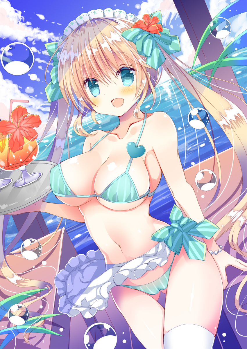 aqua_eyes bikini blonde_hair breasts bubble cleavage commentary_request cup day drink drinking_glass drinking_straw female flower hair_flower hair_ornament hashimo_yuki heart hibiscus highres large_breasts long_hair maid maid_bikini moe2018 navel original smile solo swimsuit twintails unconventional_maid very_long_hair