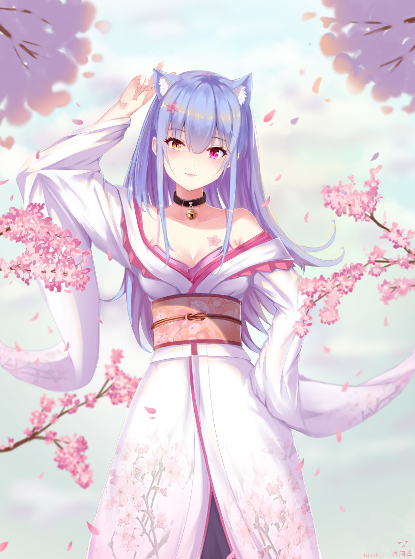 absurdres animal_ear_fluff animal_ears arm_up bad_id bad_pixiv_id bare_shoulders blue_hair blunt_bangs blush breasts cat_ears cat_girl cherry_blossoms cleavage closed_mouth collarbone commentary_request cowboy_shot dahe_zhuang_(yishi_fanhua) female floral_print hand_on_own_hip head_tilt heterochromia highres ikusa_otome_suvia japanese_clothes kimono kimono_pull long_hair long_sleeves looking_at_viewer obi off_shoulder orange_eyes ouka_(komine_shiro) petals photoshop_(medium) pink_eyes print_kimono sash sidelocks small_breasts smile solo straight_hair v very_long_hair white_kimono