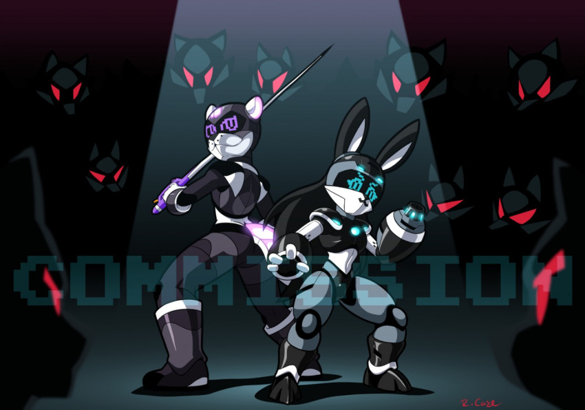 ambiguous_gender armor bonbon duo_focus felid feline female group lagomorph leporid machine mammal melee_weapon rabbit red_eyes robot rongs1234 sword weapon