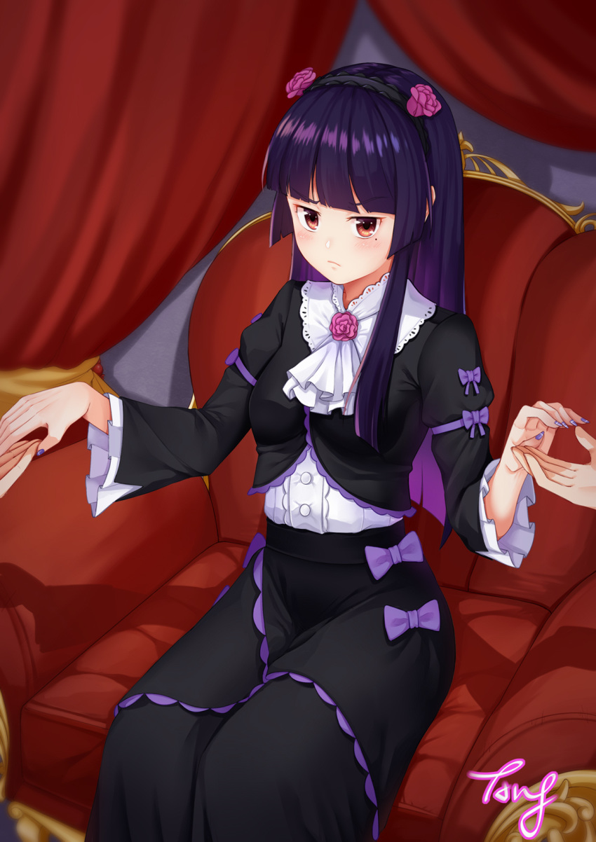 ang_(6107939) black_dress black_hair blush bow breasts brown_eyes chair commentary_request dress feet_out_of_frame female flower frills frown gokou_ruri hair_flower hair_ornament hairband highres long_hair long_sleeves looking_at_viewer medium_breasts mole mole_under_eye nail_polish ore_no_imouto_ga_konna_ni_kawaii_wake_ga_nai pink_flower purple_bow purple_nails red_eyes signature sitting solo_focus