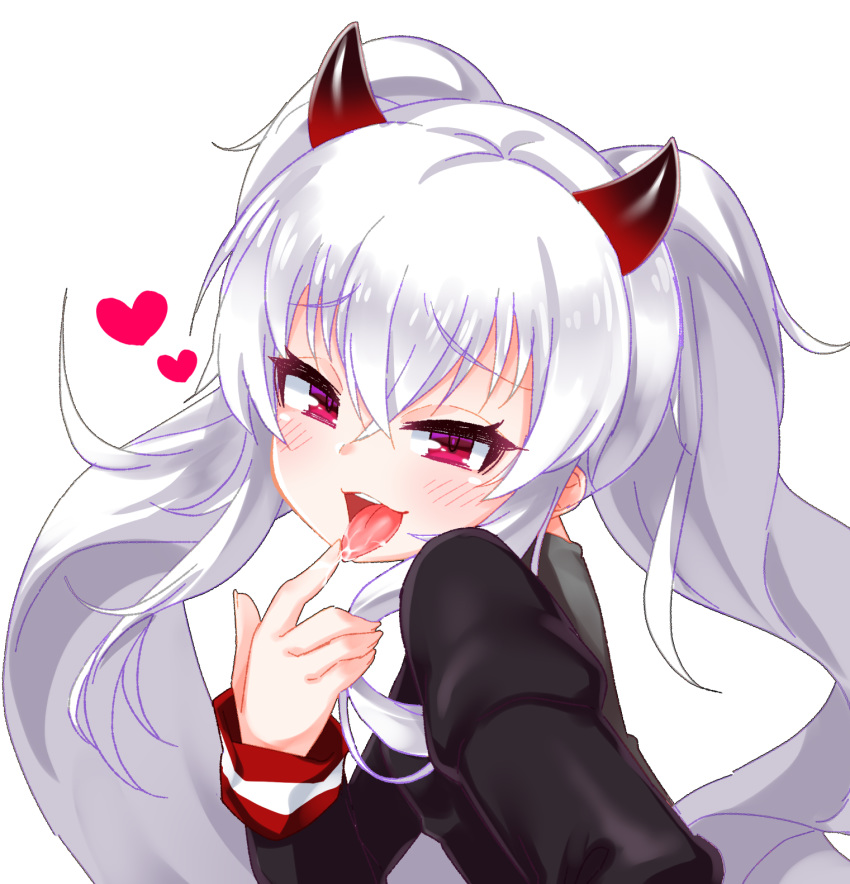 black_shirt blush commentary_request demon_horns evo_grim female fingernails grim_aloe hair_between_eyes hand_up head_tilt highres horns kirisame_mia long_hair long_sleeves looking_at_viewer looking_to_the_side naughty_face purple_eyes quiz_magic_academy quiz_magic_academy_the_world_evolve saliva shirt sidelocks simple_background sleeves_past_wrists solo tongue tongue_out twintails upper_body very_long_hair white_background white_hair