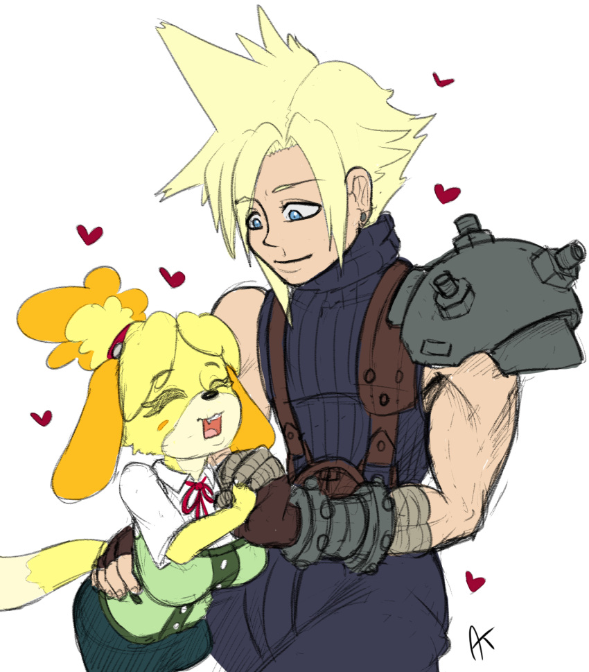 1boy animal_ears appelknekten arm_around_waist artist_name bangs blonde_hair blue_eyes blue_skirt blush_stickers breasts brown_gloves closed_mouth cloud_strife couple dog_ears dog_girl dog_tail doubutsu_no_mori ear_piercing eyebrows_visible_through_hair female final_fantasy final_fantasy_vii fingerless_gloves furry gloves green_vest hair_tie hand_holding hand_up happy heart highres interspecies large_breasts looking_at_another looking_down miniskirt neck_ribbon nintendo oerba_yun_fang open_mouth pants pencil_skirt piercing red_neckwear red_ribbon ribbon shirt shizue_(doubutsu_no_mori) short_hair signature simple_background size_difference skirt sleeveless sleeveless_shirt smile straight super_smash_bros. suspenders tail teeth tied_hair topknot turtleneck vest white_background white_shirt