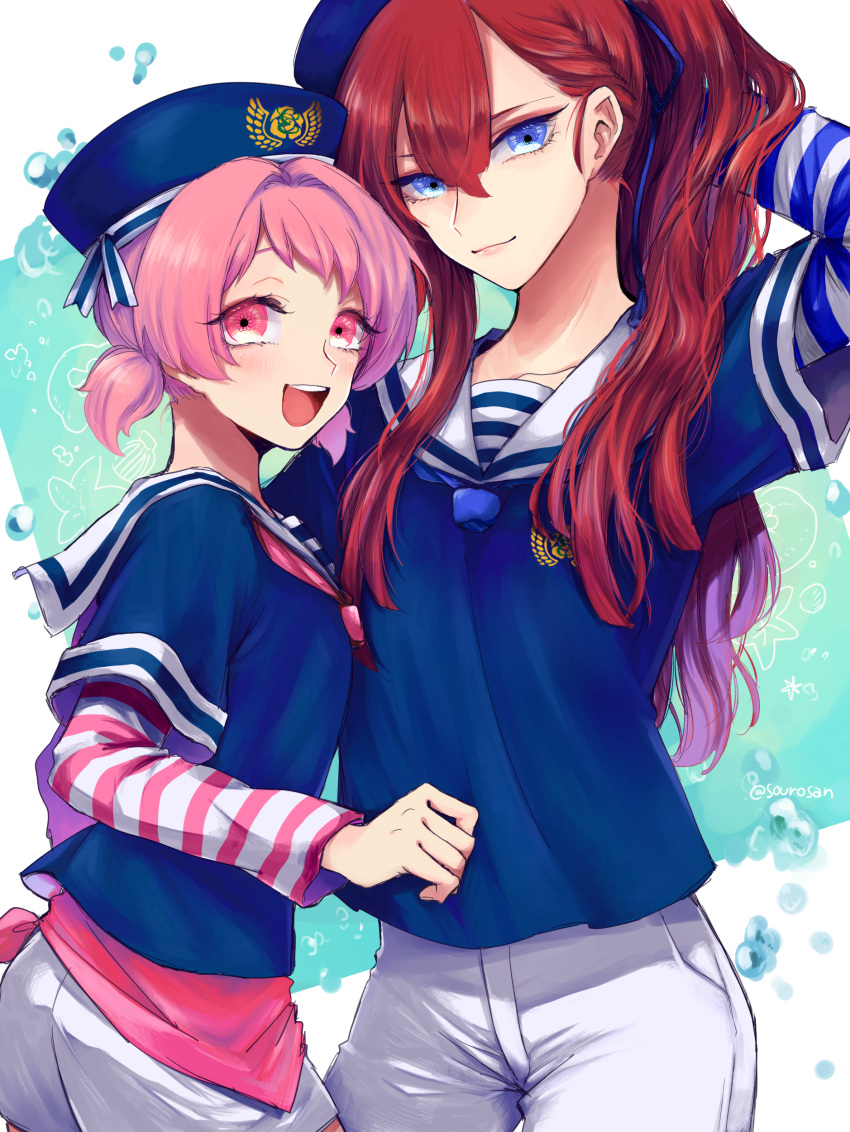 2boys absurdres blue_eyes commentary_request dixie_cup_hat hair_ribbon hat highres king_of_prism king_of_prism_by_prettyrhythm looking_at_viewer male_focus military_hat multiple_boys pink_eyes ponytail pretty_rhythm pretty_series red_hair ribbon sailor sailor_hat saionji_leo short_shorts short_twintails shorts tachibana_yukinojou teruteru-san twintails white_shorts