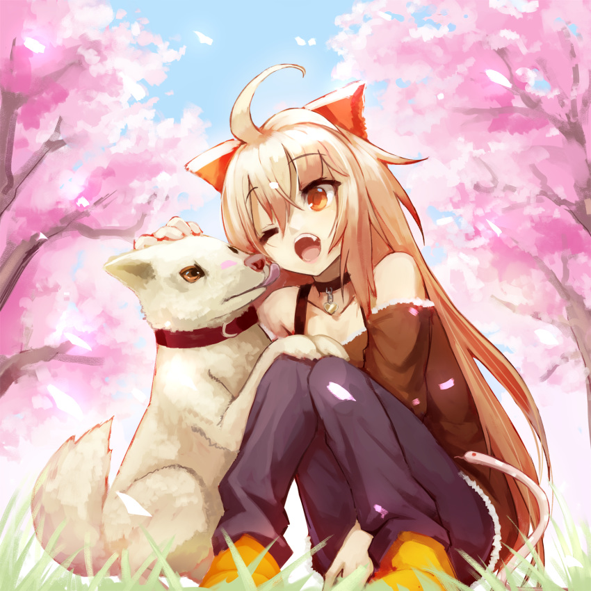 ahoge animal bare_shoulders black_pants blue_sky bow brown_bow brown_eyes brown_hair brown_shirt canine cherry_blossoms commentary_request day female flower grass hair_between_eyes hairbow highres long_hair off-shoulder_shirt off_shoulder one_eye_closed open_mouth orange_footwear outdoors pants pink_flower shadow_alice_(wonderland_wars) shirt shoes sitting sky solo sue_(bg-bros) tongue tongue_out tree very_long_hair wonderland_wars