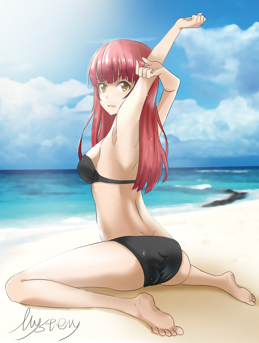 ass bare_shoulders barefoot bikini breasts brown_eyes dimples_of_venus female highres long_hair looking_at_viewer medium_breasts mysteryctu open_mouth rain_(sao) red_hair shiny shiny_hair shiny_skin sideboob sitting smile solo swimsuit sword_art_online wariza