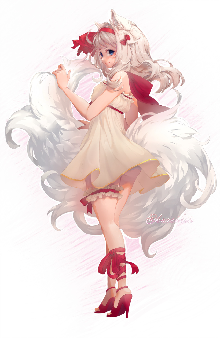 animal_ear_fluff animal_ears bare_shoulders blue_eyes blush closed_mouth dress female full_body highres holding_tail kureihii large_tail long_hair looking_at_viewer looking_back medium_hair original panties red_footwear red_ribbon ribbon simple_background sleeveless smile solo standing tail twitter_username underwear white_hair white_tail