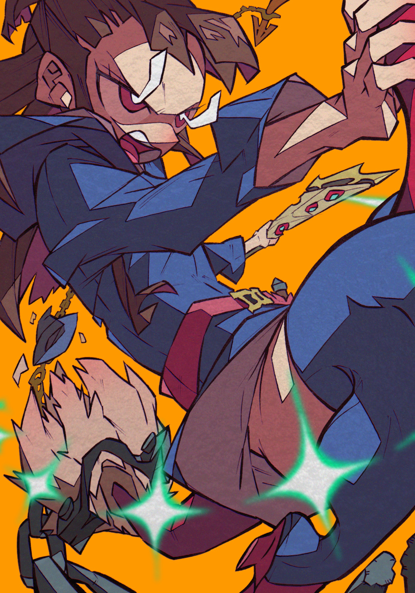 absurdres alternate_art_style blue_dress blue_hat blue_thighhighs bright_pupils broom broom_riding brown_hair chains commentary dress female hat hat_loss highres holding holding_wand kagari_atsuko little_witch_academia long_hair luna_nova_school_uniform open_mouth pink_eyes school_uniform shiny_rod_(little_witch_academia) shooting_star_(little_witch_academia) solo teeth thighhighs unworn_hat unworn_headwear v-shaped_eyebrows wand white_pupils witch_hat yaya_hiyayaka