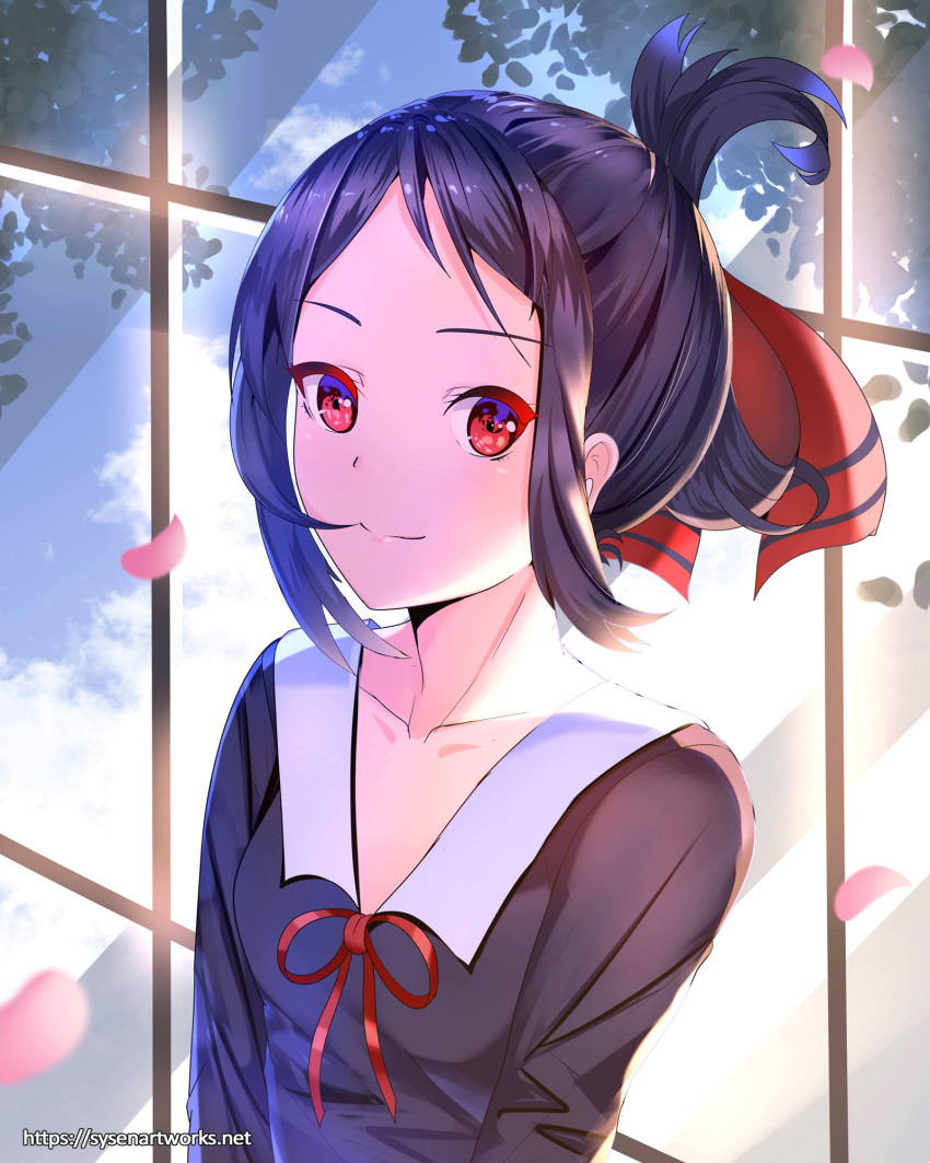 black_hair black_shirt bow cherry_blossoms collar collarbone commentary_request female hairbow highres kaguya-sama_wa_kokurasetai_~tensai-tachi_no_renai_zunousen~ long_sleeves looking_at_viewer neck_ribbon parted_bangs photoshop_(medium) red_bow red_eyes red_ribbon ribbon school_uniform shinomiya_kaguya shirt short_hair shuuchiin_academy_school_uniform smile solo standing sunlight sysen tied_hair upper_body watermark web_address white_collar