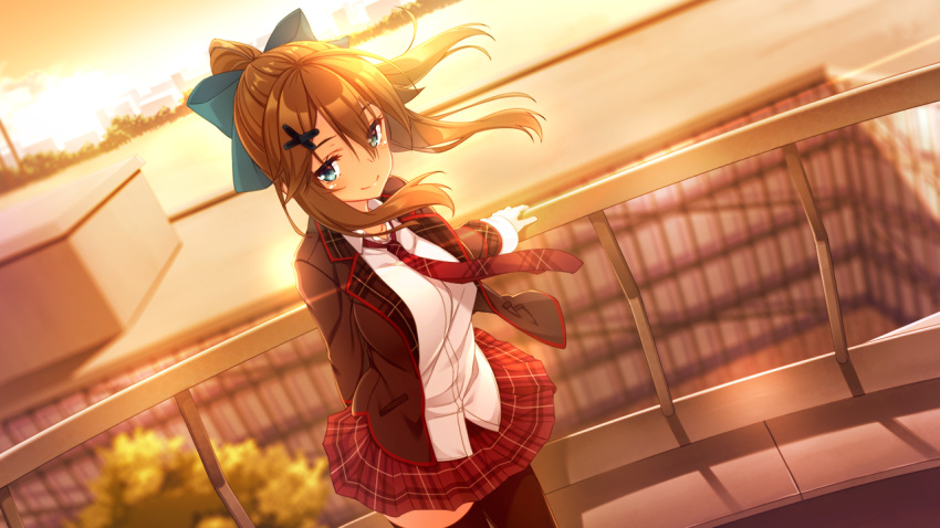 game_cg hinekuremono_no_gakuen_seishun_monogatari nanjou_sakuya ponytail rozea seifuku sunset thighhighs