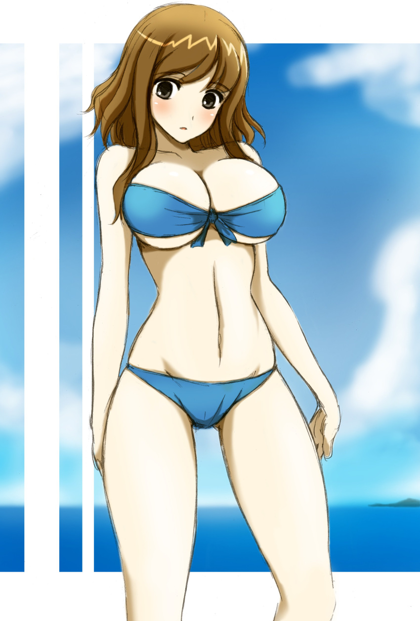 absurdres bikini black_eyes blue_bikini breasts brown_hair female highres large_breasts long_hair original solo swimsuit wakame