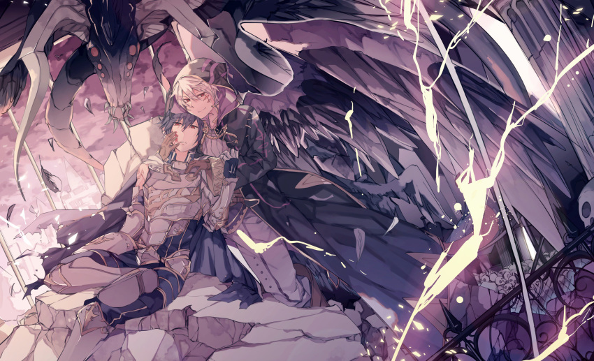 2boys armor cape chrom_(fell_exalt)_(fire_emblem) chrom_(fire_emblem) commentary_request dark_persona dragon dragon_wings eyes_of_grima falchion_(fire_emblem) fire_emblem fire_emblem_awakening fire_emblem_cipher gloves grima_(fire_emblem) highres hood multiple_boys open_mouth red_eyes robe robin_(fire_emblem) robin_(male)_(fire_emblem) short_hair smile white_hair wings zyuno0