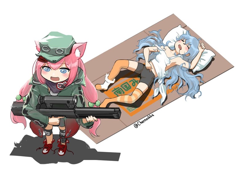 2girls animal_ear_fluff animal_ears assault_rifle asymmetrical_legwear bad_id bad_twitter_id bike_shorts blue_eyes cat_ears chernoshka closed_eyes collarbone commentary_request cosplay costume_switch g11_(girls'_frontline) g11_(girls'_frontline)_(cosplay) girls'_frontline green_jacket grey_hair gun h&k_g11 hair_bobbles hair_ornament hinata_channel holding holding_gun holding_weapon jacket long_hair low_twintails lying mismatched_legwear multiple_girls nekomiya_hinata nekomiya_hinata_(cosplay) on_back orange_legwear pillow pink_hair rifle scarf sleeping standing striped_clothes striped_thighhighs tank_top thighhighs twintails virtual_youtuber weapon white_background