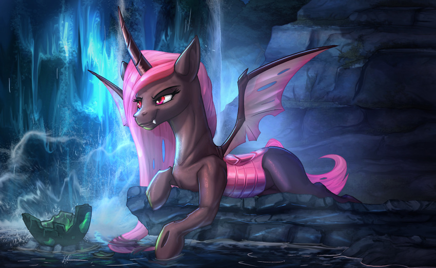 2019 arthropod changeling detailed_background digital_media_(artwork) feral friendship_is_magic fur hasbro hi_res horn my_little_pony pink_body pink_eyes pink_fur solo vest_(artist) wings