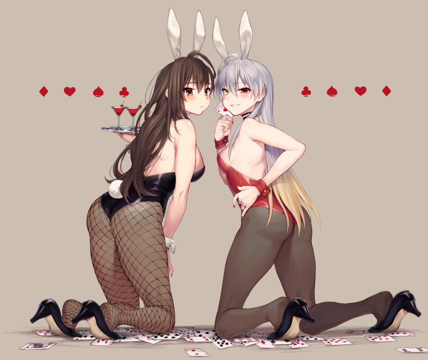 2girls absurdres ace_(playing_card) ace_of_diamonds ace_of_hearts animal_ears black_legwear black_leotard brown_background card choker club_(shape) commentary_request cup detached_collar diamond_(shape) drinking_glass eight_of_diamonds_(playing_card) fake_animal_ears fishnet_pantyhose fishnets five_of_spades four_of_diamonds four_of_hearts four_of_spades from_behind full_body heart high_heels highres holding holding_card king_(playing_card) king_of_spades kneeling leotard multiple_girls original oyk_(signx) pantyhose playboy_bunny playing_card queen_(playing_card) queen_of_diamonds rabbit_ears rabbit_tail red_leotard seven_of_diamonds seven_of_spades simple_background six_of_clubs spade_(shape) tail ten_of_diamonds ten_of_spades three_of_clubs three_of_diamonds three_of_hearts tray two_of_clubs two_of_hearts two_of_spades wine_glass wrist_cuffs