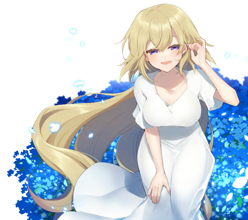 absurdres blonde_hair blue_flower breasts commentary_request dress fate/apocrypha fate_(series) female field flower flower_field hair_between_eyes half-closed_eyes hand_in_own_hair hand_on_own_knee hand_on_own_leg hand_up highres jeanne_d'arc_(fate) jeanne_d'arc_(ruler)_(fate) kan'yu_(citron_82) long_hair looking_at_viewer medium_breasts nemophila_(flower) open_mouth petals purple_eyes short_sleeves smile solo tucking_hair unworn_headgear very_long_hair white_background white_dress