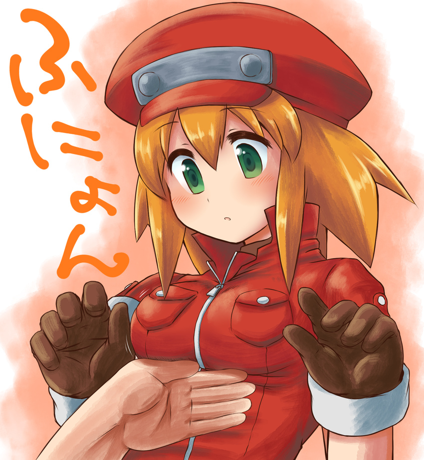 bad_id bad_pixiv_id blonde_hair blush breast_lift breast_pocket breasts brown_gloves cabbie_hat commentary_request female gloves green_eyes hair_between_eyes hand_on_another's_stomach hat highres jumpsuit long_hair looking_at_viewer m.m mega_man_(series) mega_man_legends_(series) mega_man_legends_3 motion_lines out_of_frame parted_lips pocket pov pov_hands red_hat red_jumpsuit roll_caskett_(mega_man) short_sleeves sidelocks small_breasts two-tone_background upper_body zipper