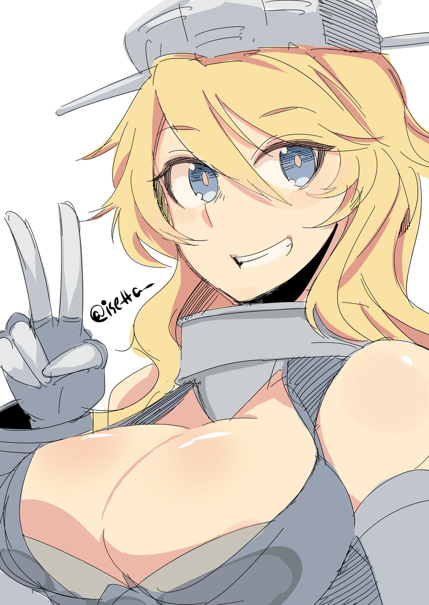 absurdres bare_shoulders blonde_hair blue_eyes breasts cleavage_cutout clothing_cutout collar commentary_request elbow_gloves female fingerless_gloves gloves grin hair_between_eyes headgear highres iowa_(kancolle) isetta kantai_collection large_breasts long_hair looking_at_viewer one-hour_drawing_challenge simple_background smile solo teeth twitter_username v wavy_hair white_background