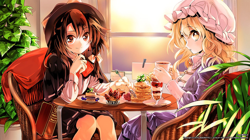 2girls blonde_hair blueberry book bow brown_eyes brown_hair cafe cake capelet chair cup day dress elbow_rest food fork fruit fruit_tart garnish hairbow harukawa_moe hat highres holding holding_cup holding_fork indoors lemon lemon_slice long_hair looking_at_viewer maribel_hearn mob_cap multiple_girls pancake parfait plant purple_dress ribbon saucer short_hair sideways_glance sitting smile strawberry strawberry_tart sunlight table tart_(food) teacup touhou usami_renko wicker_furniture window