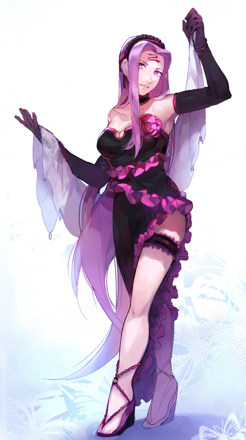 armpits bare_shoulders black_dress black_gloves breasts bridal_garter bright_pupils cleavage commentary_request dress elbow_gloves facial_mark fate/stay_night fate_(series) female flower forehead_mark frilled_hairband frills full_body gloves hairband hands_up highres idk-kun large_breasts light_smile long_dress long_hair looking_at_viewer medusa_(fate) medusa_(rider)_(fate) parted_bangs parted_lips pink_flower pink_rose purple_eyes purple_hair rose smile solo standing very_long_hair white_background