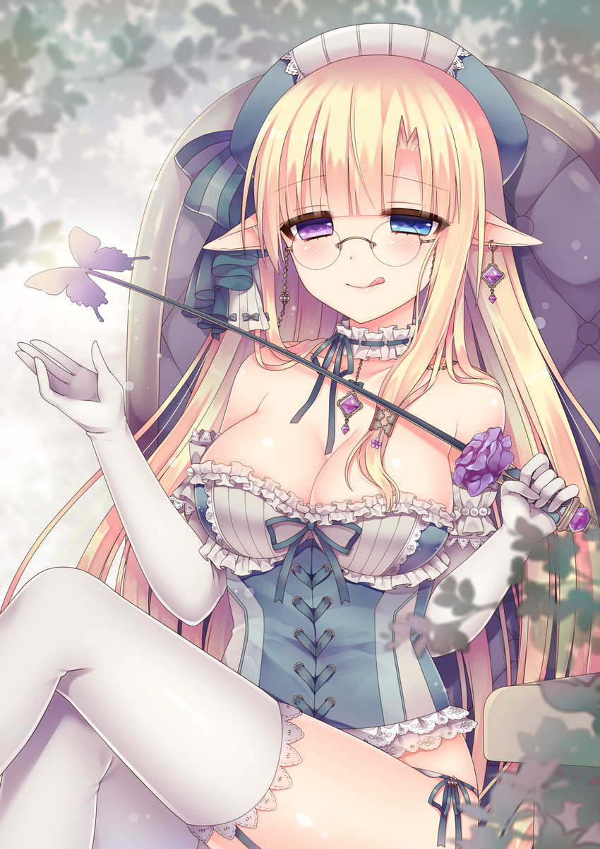 :p absurdres blonde_hair breasts cecilia_lilnetta cleavage female glasses heterochromia highres large_breasts panties pointy_ears string_panties tongue tongue_out tsukikage_nemu underwear weapon white_legwear