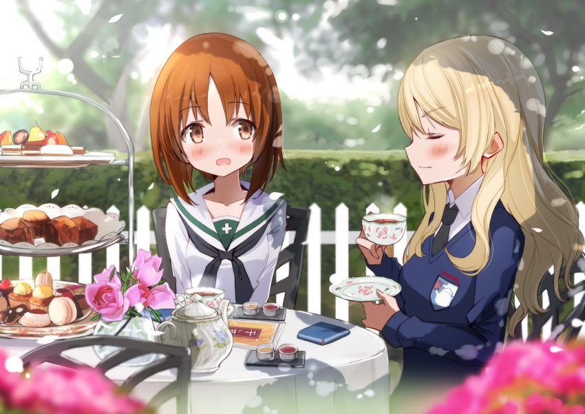 2girls alternate_hairstyle black_neckwear blonde_hair blouse blue_sweater blurry blurry_background blurry_foreground blush brown_eyes brown_hair chair closed_eyes commentary_request cookie cup dappled_sunlight darjeeling_(girls_und_panzer) day depth_of_field dress_shirt eclair_(food) emblem flower food fuku_kitsune_(fuku_fox) girls_und_panzer hair_down hedge holding holding_cup holding_saucer jam long_hair long_sleeves looking_at_another macaron multiple_girls neckerchief necktie nishizumi_miho ooarai_school_uniform outdoors pink_flower pink_rose ramekin rose saucer school_uniform scone serafuku shadow shirt short_hair sitting st._gloriana's_(emblem) sunlight sweater tea_party tea_set teacup teapot tiered_tray tree v-neck white_shirt wind