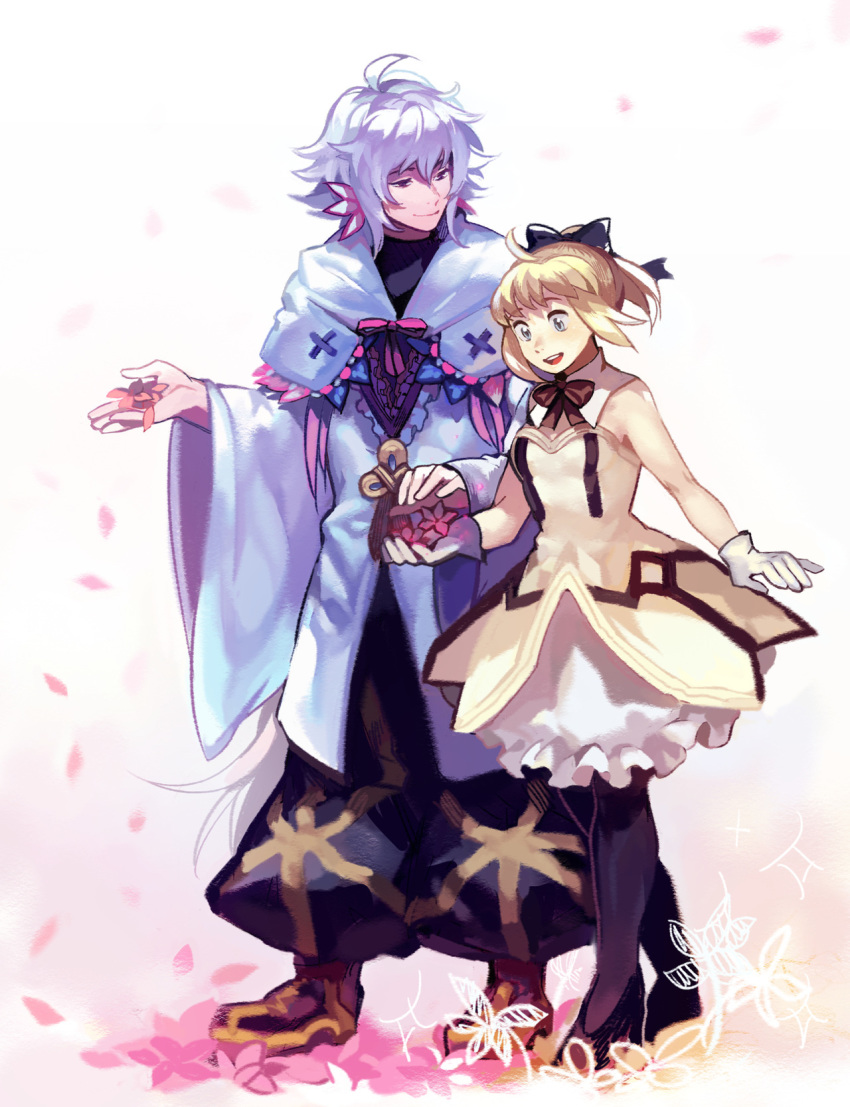 1boy :d ahoge artoria_pendragon_(fate) black_bow blonde_hair blue_eyes boots bow capelet cloak commentary_request dress fate/grand_order fate/unlimited_codes fate_(series) female flower gloves hair_ornament hairbow half-closed_eyes high_heels highres idk-kun long_hair looking_at_another looking_down merlin_(fate) open_mouth pantyhose ponytail puffy_pants purple_eyes purple_hair saber_lily short_hair smile standing very_long_hair walking white_gloves yellow_dress