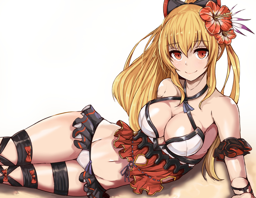 bare_shoulders bikini black_legwear blonde_hair boots bow breasts cleavage collarbone commentary_request criss-cross_halter cross-laced_footwear female flower granblue_fantasy hair_between_eyes hair_ornament hairbow halterneck hibiscus koenza_botoke lace-up_boots large_breasts long_hair looking_at_viewer midriff navel official_alternate_costume orange_eyes ponytail sitting smile solo swimsuit thigh_strap thighs vira_(granblue_fantasy) vira_(summer)_(granblue_fantasy) white_bikini yokozuwari