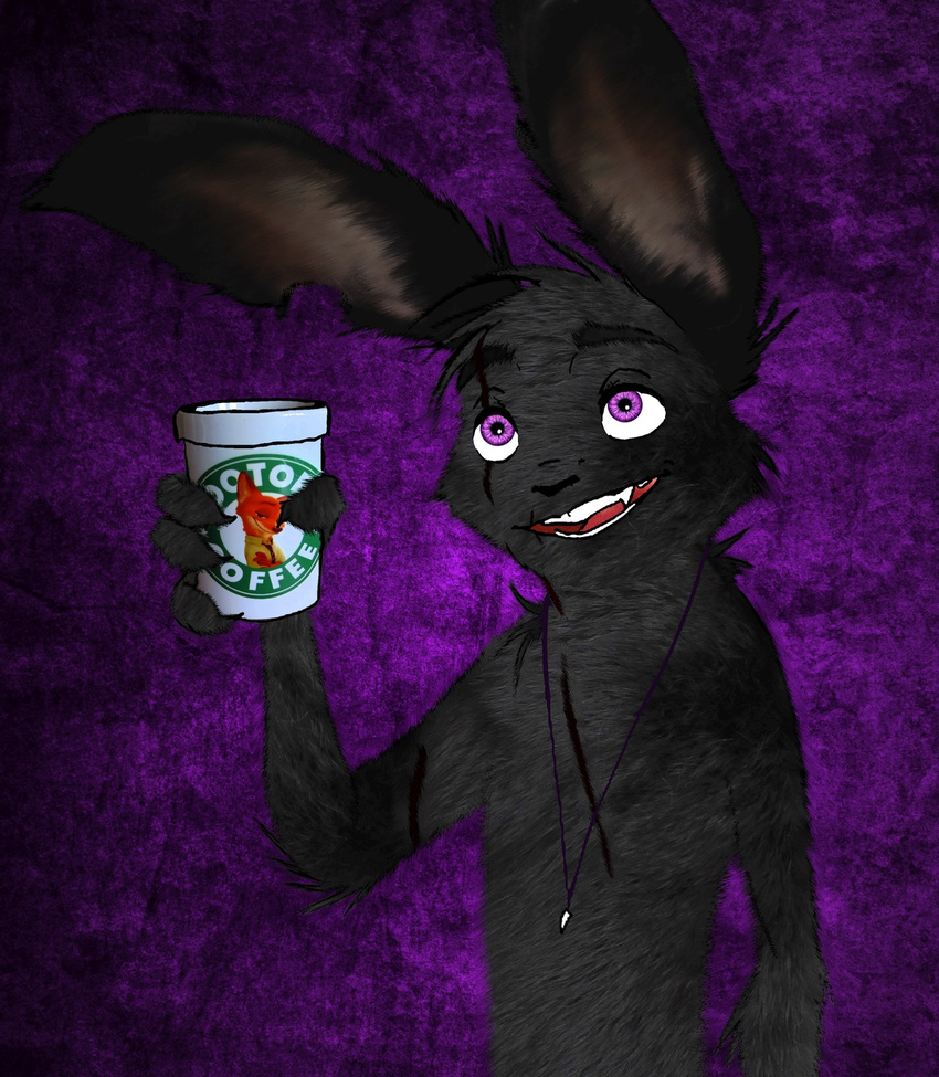 anthro beverage black_body black_fur clothed clothing diavololo disney fur hi_res lagomorph leporid male mammal max_midnight purple_background rabbit scar simple_background smile solo spintherella textured_background third-party_edit topless zootopia