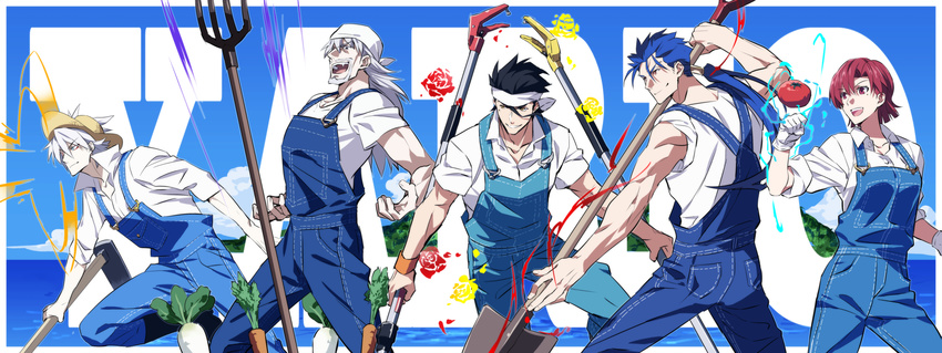 4boys bazett_fraga_mcremitz bazett_fraga_mcremitz_(pastoral_idol_unit) beard black_hair blue_eyes blue_hair carrot commentary_request cu_chulainn_(fate) cu_chulainn_(fate/stay_night) cu_chulainn_(pastoral_idol_unit)_(fate) diarmuid_ua_duibhne_(lancer)_(fate) diarmuid_ua_duibhne_(pastoral_idol_unit)_(fate) facial_hair farmer fate/apocrypha fate/extra fate/grand_order fate/hollow_ataraxia fate/stay_night fate/zero fate_(series) female grey_hair highres hoe karna_(fate) karna_(pastoral_idol_unit)_(fate) kon_manatsu long_hair mole mole_under_eye multiple_boys official_alternate_costume open_mouth overalls pale_skin pitchfork ponytail radish red_eyes short_hair shovel smile tomato vlad_iii_(fate/extra) vlad_iii_(pastoral_idol_unit)_(fate) white_hair