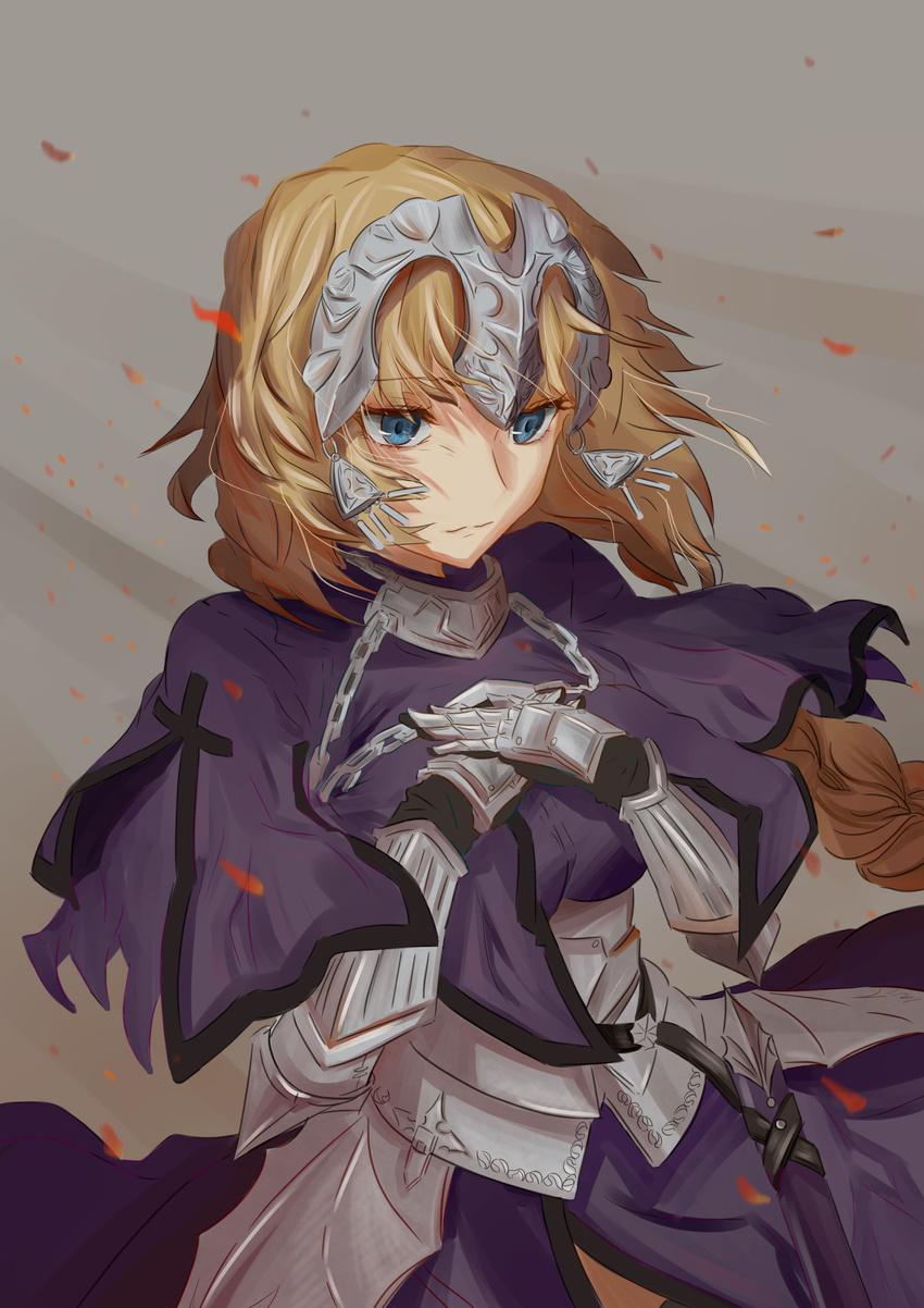 absurdres armor armored_dress blonde_hair blue_eyes braid commentary_request ekitabu_hosii fate/apocrypha fate_(series) female gauntlets highres jeanne_d'arc_(fate) jeanne_d'arc_(ruler)_(fate) long_hair petals sheath single_braid solo