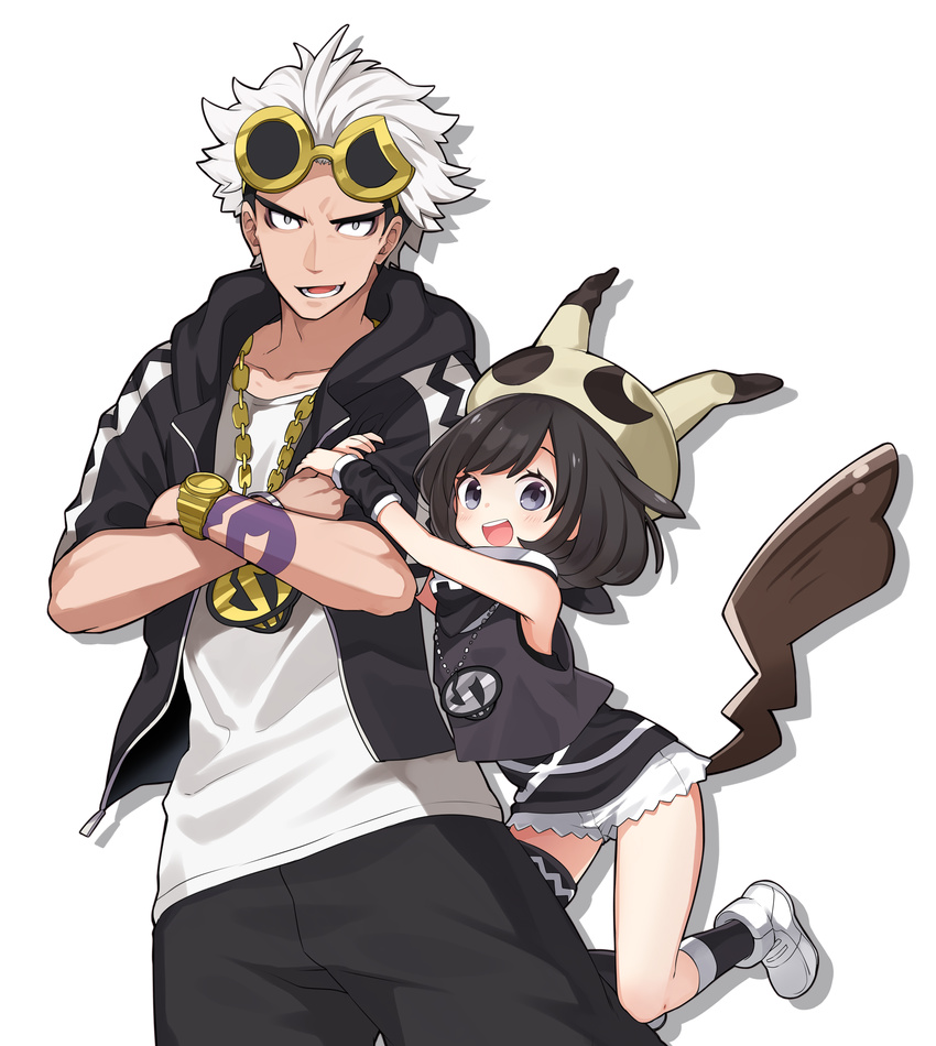 1boy :d absurdres arm_tattoo baggy_pants black_hair blush chain_necklace chains commentary_request cosplay crossed_arms eyebrows eyewear_on_head female gold_chain grey_eyes guzma_(pokemon) highres holding_another's_arm jewelry looking_at_viewer mimikyu mimikyu_(cosplay) necklace open_mouth orqz pants pokemon pokemon_sm selene_(pokemon) shirt short_hair short_shorts short_sleeves shorts simple_background sleeveless sleeveless_shirt smile sunglasses tattoo team_skull team_skull_uniform track_pants watch white_background white_hair white_shirt