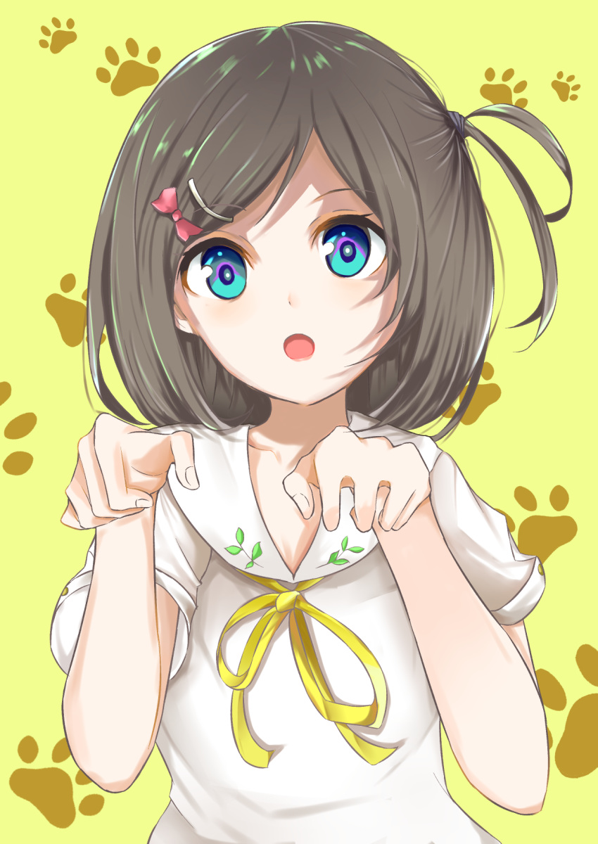 :o animal_hands bad_id bad_pixiv_id black_hair blue_eyes bow cat_paws chisaku commentary_request female hair_ornament hairbow hairclip hentai_ouji_to_warawanai_neko. highres looking_at_viewer parted_bangs parted_lips paw_pose paw_print pink_bow ribbon shaded_face shirt short_hair short_sleeves side_ponytail solo tsutsukakushi_tsukiko upper_body white_shirt yellow_background yellow_ribbon