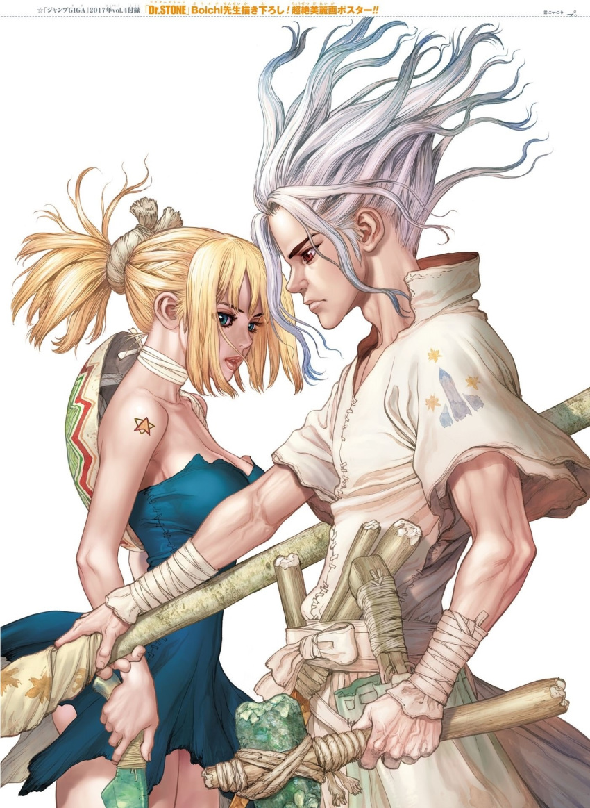 1boy axe blonde_hair blue_eyes boichi dr._stone female kohaku_(dr._stone) long_hair minidress multicolored_hair muscle official_art older red_eyes senkuu_(dr._stone) shield short_sleeves spiked_hair white_hair