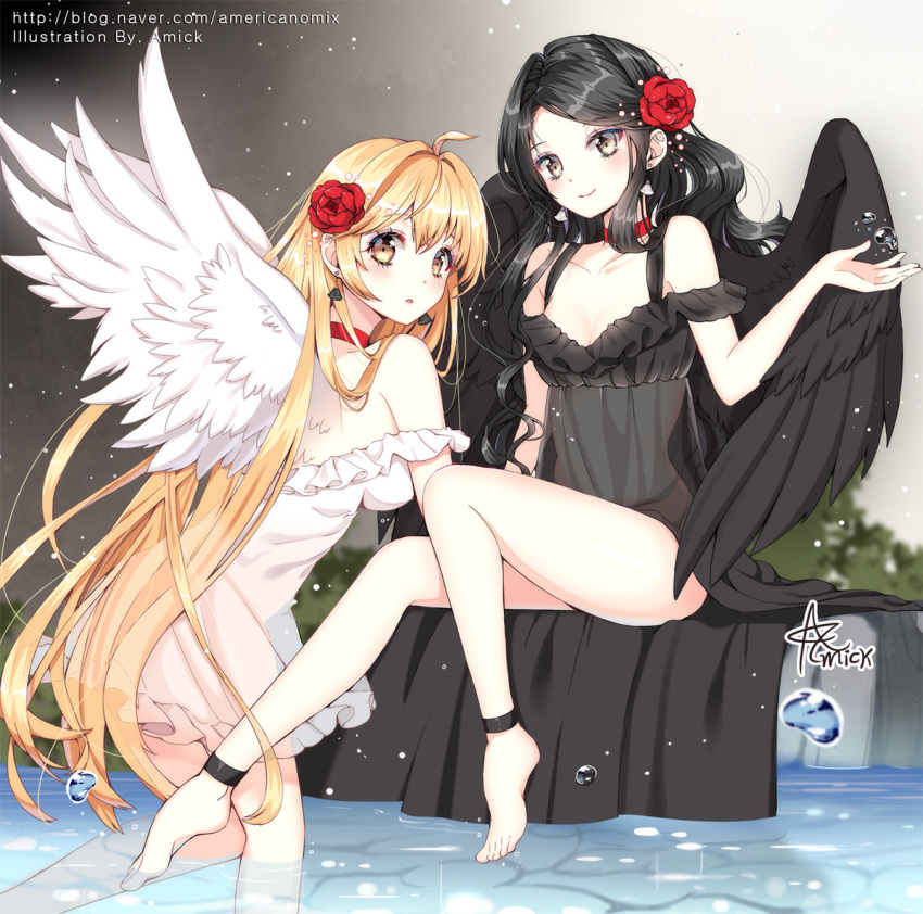 2girls ahoge amick_(americanomix) anklet bad_id bad_pixiv_id barefoot black_dress black_hair black_vs_white black_wings blonde_hair breasts cleavage dress earrings feathered_wings floating_hair flower hair_flower hair_ornament jewelry long_hair looking_at_viewer multiple_girls original parted_bangs red_flower see-through sitting sleeveless sleeveless_dress small_breasts smile soaking_feet standing very_long_hair wading watermark web_address white_dress white_wings wings yellow_eyes