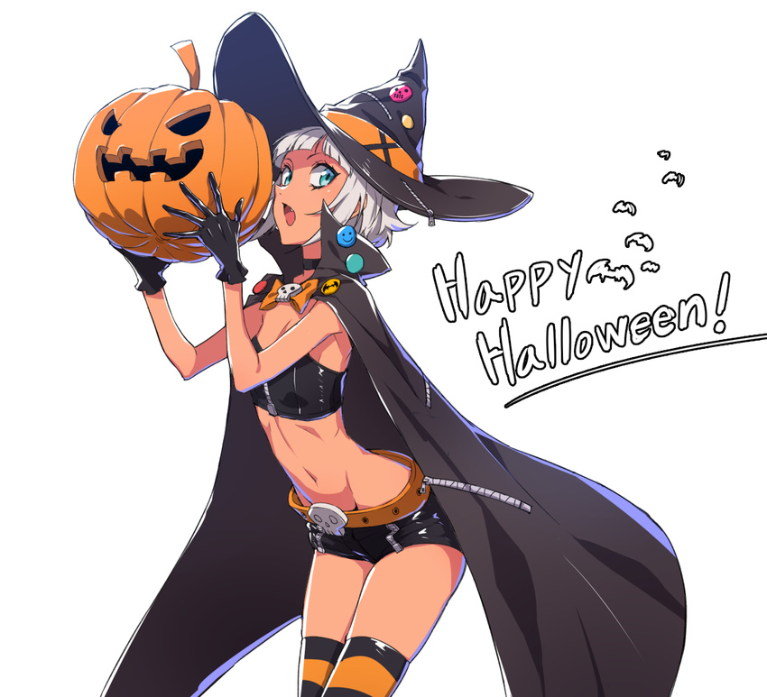 bandeau black_gloves blue_eyes blunt_bangs breasts buckle cape choker commentary_request cowboy_shot dark-skinned_female dark_skin female gloves groin halloween happy_halloween hat jack-o'-lantern leaning_forward looking_at_viewer midriff navel nora_(supernew) oerba_yun_fang open_mouth original short_hair short_shorts shorts silver_hair simple_background skindentation small_breasts solo strapless striped_clothes striped_thighhighs supernew thighhighs white_background witch_hat