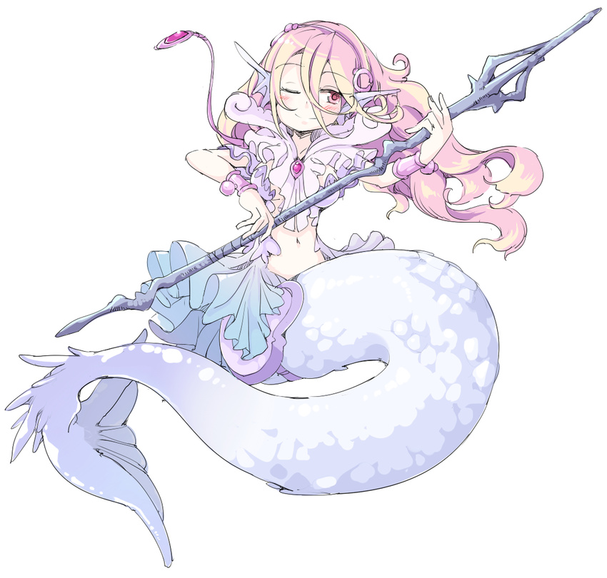 curly_hair female female full_body long_hair ls-lrtha mermaid monster_girl navel one_eye_closed original smile solo spear weapon