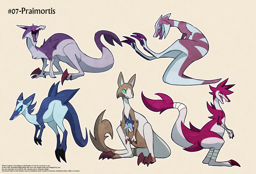 absurd_res blitzdrachin blue_eyes canid canine canis claws conditional_dnp english_text feral group hi_res hybrid kangaroo long_tail macropod mammal marsupial model_sheet paws praimortis sifyro's_bestiary species_sheet tail text wolf zephyr_the_praimortis