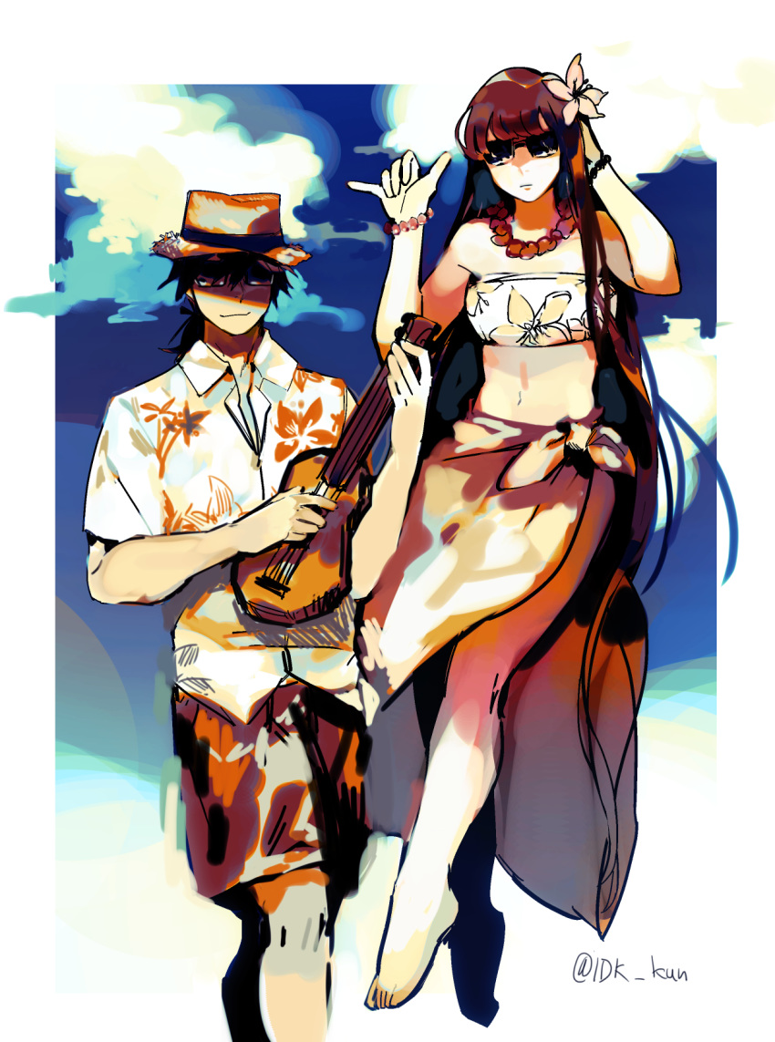 1boy banjo barefoot bikini black_hair blue_sky bracelet brown_hair closed_mouth cloud cloudy_sky collared_shirt commentary_request fate/grand_order fate_(series) female floating floral_print flower hair_flower hair_ornament hat highres holding holding_instrument idk-kun instrument jewelry long_hair looking_at_viewer music navel oryou_(fate) outdoors playing_instrument ponytail sakamoto_ryouma_(fate) sarong shirt short_sleeves shorts sky smile straw_hat sunglasses swimsuit twitter_username wing_collar