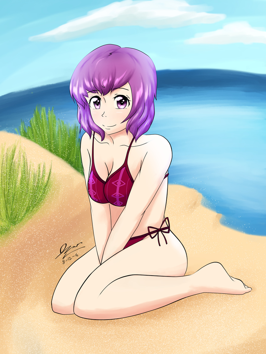 absurdres barefoot beach blue_sky breasts cloud collarbone dated feet female female fire_emblem fire_emblem:_shin_monshou_no_nazo katarina_(fire_emblem) knees_together_feet_apart looking_at_viewer ocean purple_eyes purple_hair sand short_hair side-tie_bikini sitting smile solo water