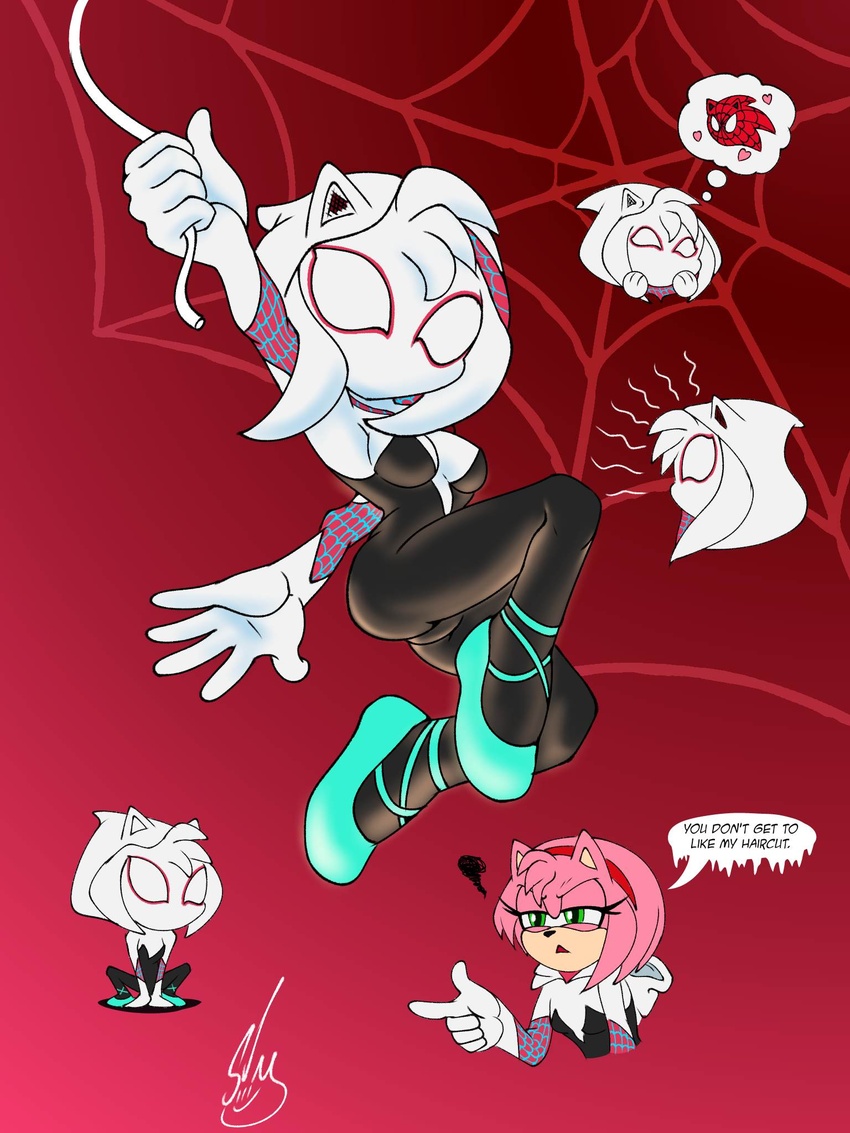 3:4 amy_rose anthro barely_sly breasts clothing cosplay crossover crossover_cosplay dialogue english_text eulipotyphlan female heart_symbol hedgehog hi_res hoodie mammal marvel mask sega solo sonic_the_hedgehog sonic_the_hedgehog_(series) speech_bubble spider-gwen spider-man_(series) text thought_bubble topwear