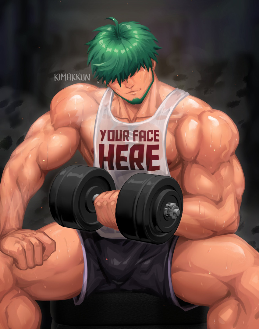 1boy absurdres artist_name bara black_shorts closed_mouth clothes_writing dumbbell exercising facial_hair fire_emblem fire_emblem:_the_blazing_blade fire_emblem_cipher green_hair hair_over_eyes highres holding kimakkun large_pectorals lowen_(fire_emblem) male_focus muscular muscular_male nipples pectorals print_tank_top short_hair shorts solo sweat tank_top weightlifting white_tank_top