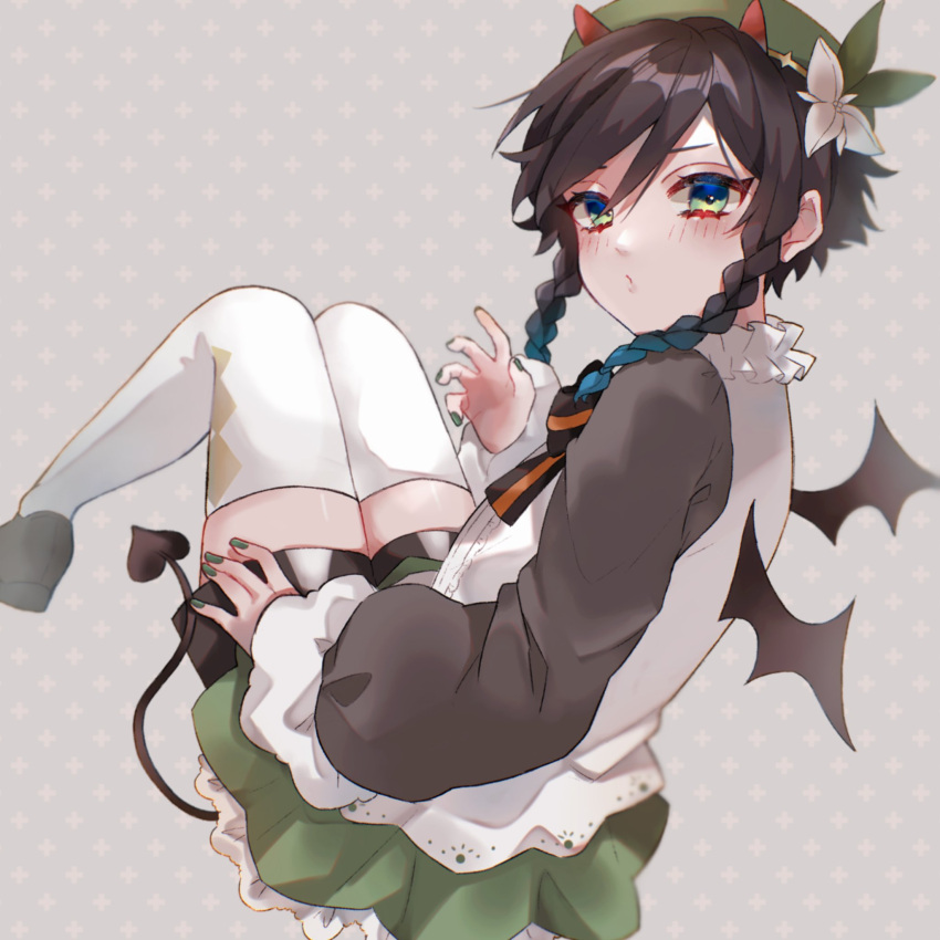 1boy androgynous aqua_eyes beret black_hair blue_hair blush braid brown_footwear demon_tail demon_wings flower frilled_shirt frills genshin_impact gradient_hair green_hat green_nails hat hat_flower highres horns loafers male_focus multicolored_hair pout shirt shoes short_hair_with_long_locks solo tail thighhighs twin_braids venti_(genshin_impact) venti_(halloween)_(genshin_impact) wata_(wataboshi) white_flower white_thighhighs wings