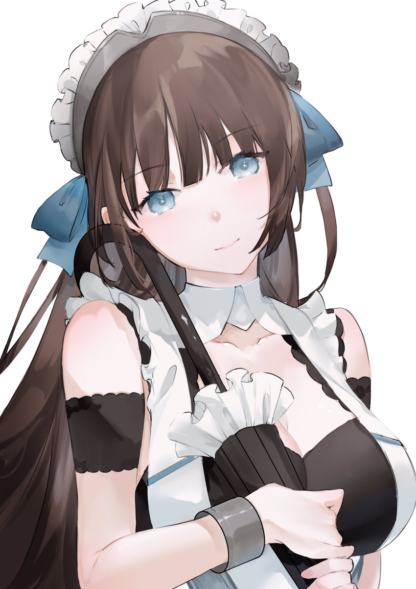 apron azur_lane blue_bow blue_eyes bow bracelet breasts brown_hair cleavage closed_mouth female hairbow head_tilt highres holding holding_umbrella jewelry large_breasts long_hair looking_at_viewer maid_apron maid_headdress neko_(ganecooo) newcastle_(azur_lane) simple_background smile solo umbrella upper_body white_apron white_background