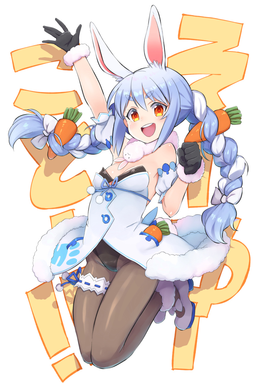 :d animal_ear_fluff animal_ears arm_cuffs arm_up black_gloves black_leotard blue_hair braid breasts bridal_garter brown_pantyhose carrot carrot_hair_ornament cleavage clenched_hand commentary_request don-chan_(usada_pekora) dress female food-themed_hair_ornament full_body fur-trimmed_dress fur-trimmed_gloves fur_scarf fur_trim gloves hair_ornament highres hololive jumping konboi-eg legs_up leotard long_hair looking_at_viewer medium_breasts multicolored_hair open_mouth orange_eyes pantyhose partial_commentary rabbit_ears rabbit_girl shoes short_dress simple_background smile solo teeth text_background thick_eyebrows translation_request twin_braids twintails two-tone_hair upper_teeth_only usada_pekora usada_pekora_(1st_costume) virtual_youtuber white_background white_dress white_footwear white_hair