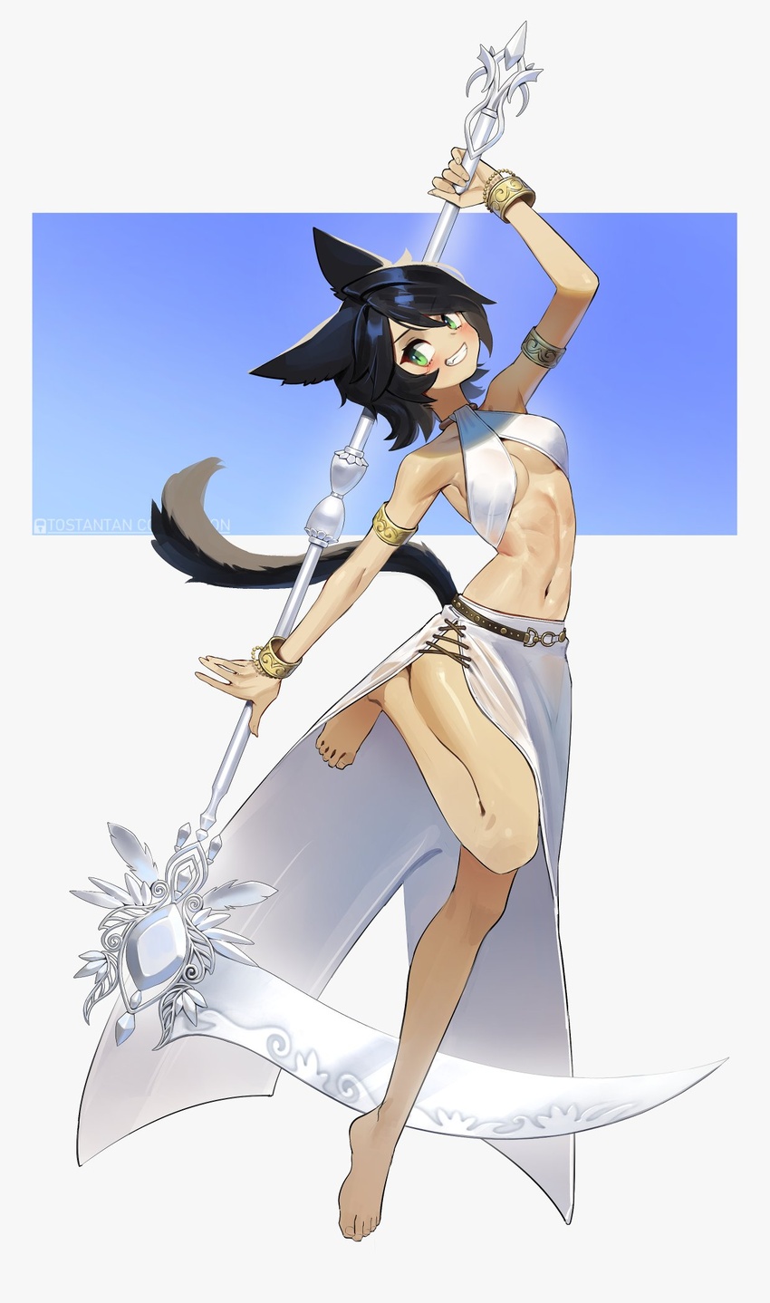 animal_ears arm_up armlet artist_name bare_shoulders barefoot black_hair blue_background bracelet breasts cat_ears cat_girl cat_tail commentary commission english_commentary feet female full_body green_eyes grin highres holding holding_scythe jewelry legs looking_at_viewer medium_breasts navel original scythe shiny_skin short_hair simple_background smile solo stomach tail toes toned tostantan two-tone_background white_background