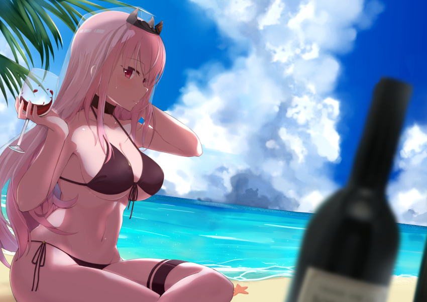 adapted_costume alcohol arm_up ayumu_(ayumu3659) bare_arms bare_shoulders beach bikini black_bikini black_choker black_ribbon blue_sky blurry blurry_foreground bottle breasts choker cleavage closed_mouth cloud collarbone crown cup day depth_of_field drinking_glass female from_side front-tie_bikini_top front-tie_top halterneck hand_in_own_hair highres holding holding_cup hololive hololive_english horizon large_breasts long_hair looking_at_viewer looking_to_the_side mori_calliope mori_calliope_(1st_costume) navel ocean outdoors pink_hair red_eyes revision ribbon side-tie_bikini_bottom sideways_glance sitting sky solo starfish stomach swimsuit thigh_strap tiara underboob veil virtual_youtuber water wine wine_bottle wine_glass