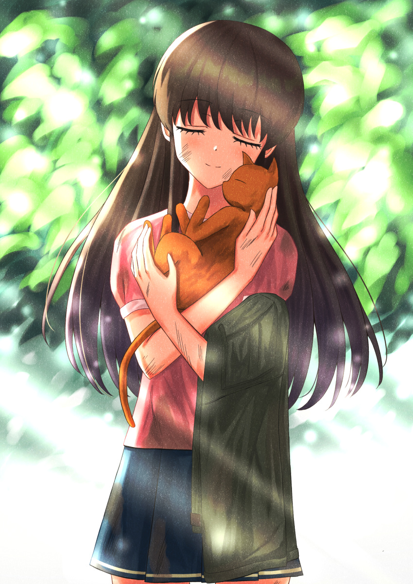 animal blue_skirt brown_hair closed_eyes day dirty feline female fruits_basket highres holding holding_animal holding_cat honda_tohru long_hair outdoors pink_shirt shirt short_sleeves skirt somu51 souma_kyou standing sunlight very_long_hair