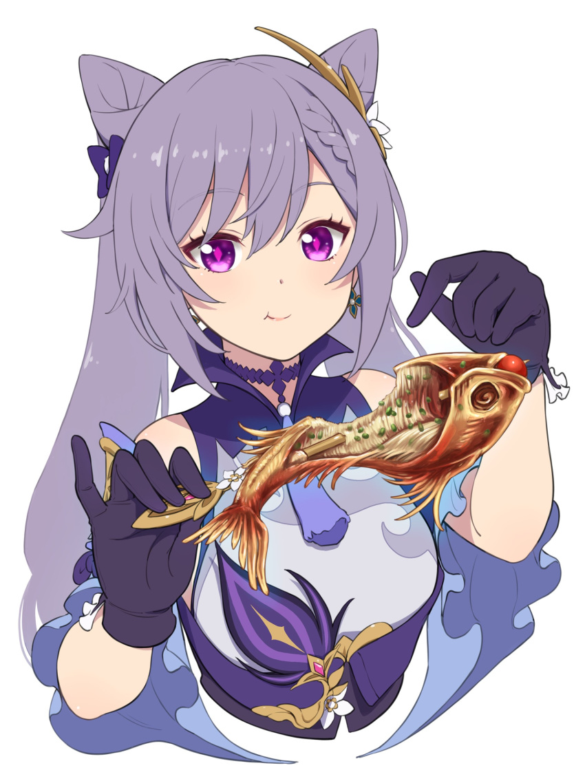 absurdres bare_shoulders breasts closed_mouth cone_hair_bun double_bun earrings eating female fish fish_(food) food genshin_impact gloves hair_between_eyes hair_bun hair_ornament highres holding holding_food jewelry keqing_(genshin_impact) looking_at_viewer purple_eyes purple_hair solo twintails upper_body warabi_yuuzou